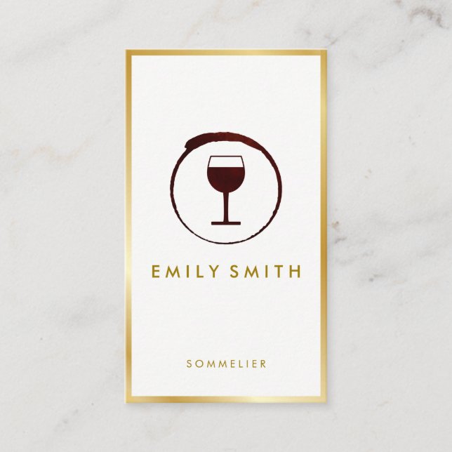 Tarjeta De Visita Elegante Red Wine Stain Wine Glass Faux Gold Borde (Anverso)