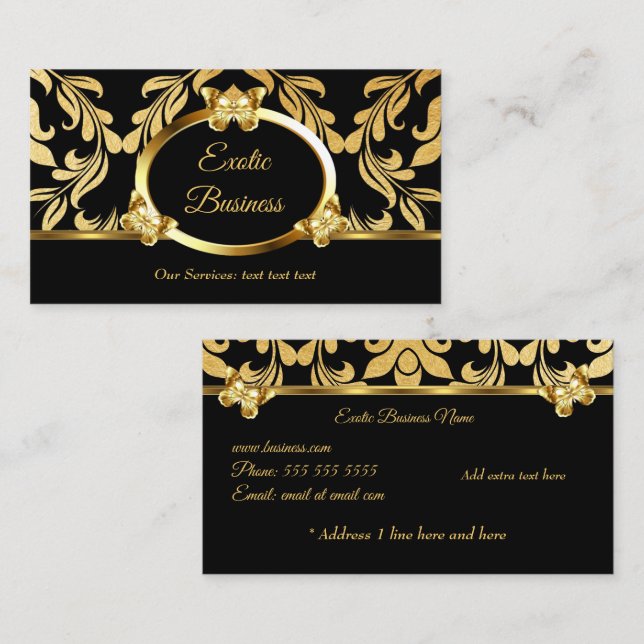 Tarjeta De Visita Elegante Relieve metalizado dorado Damask Floral B (Anverso / Reverso)