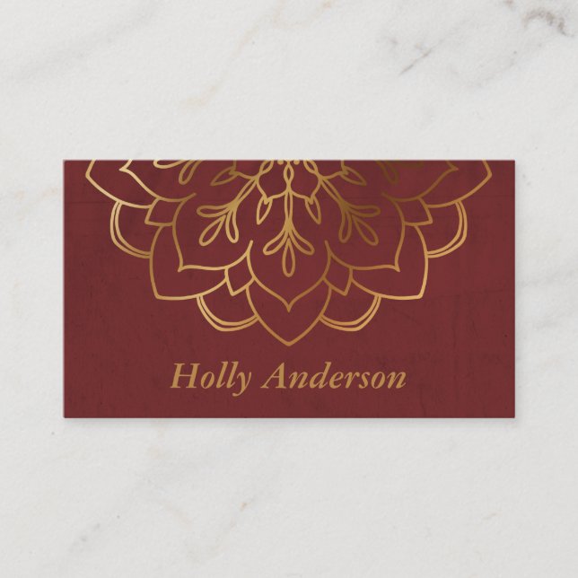 Tarjeta De Visita Elegante Relieve metalizado dorado Faux Mandala co (Anverso)