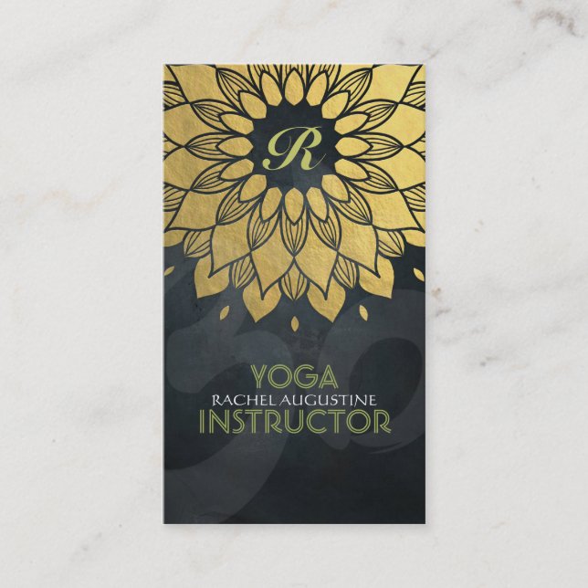 Tarjeta De Visita Elegante Relieve metalizado dorado Floral Yoga Med (Anverso)