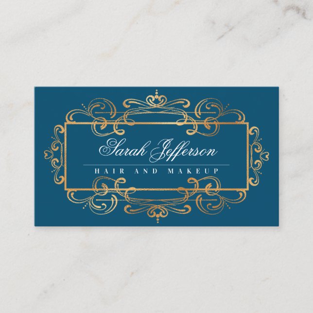 Tarjeta De Visita Elegante Relieve metalizado dorado Swirls Lujoso V (Anverso)