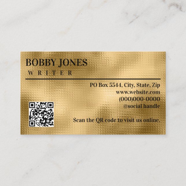 Tarjeta De Visita Elegante Relieve metalizado dorado texturado Códig (Anverso)