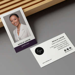 Tarjeta De Visita Elegante retrato foto logotipo icono social PURPLE
