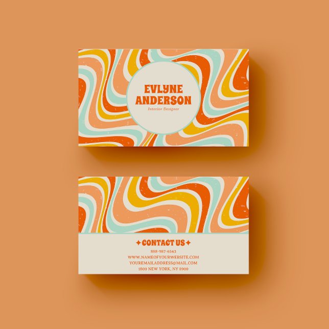 Tarjeta De Visita Elegante retro Naranja azul amarillo 70 Boho Groov (Subido por el creador)