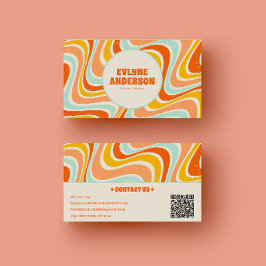 Tarjeta De Visita Elegante retro Naranja azul QR Código Boho Groovy