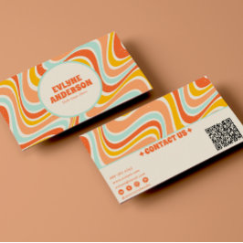 Tarjeta De Visita Elegante retro Naranja azul QR Código Boho Moda Gr