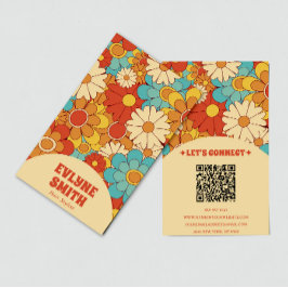 Tarjeta De Visita Elegante retro QR Code Groovy Floral Trendy Boho