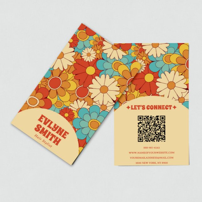Tarjeta De Visita Elegante retro QR Code Groovy Floral Trendy Boho (Subido por el creador)