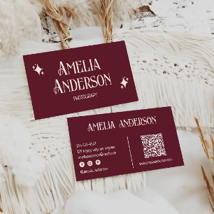 Tarjeta De Visita Elegante Retro Rosa y Burdeos Código Qr