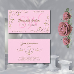 Tarjeta De Visita Elegante rincones ornados dorados Iniciales rosa c