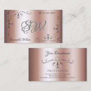 Tarjeta De Visita Elegante rincones plateados Iniciales Rosa Dorado
