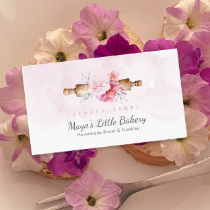 Tarjeta De Visita Elegante Rodillo de Acuarela Rosa Panadería
