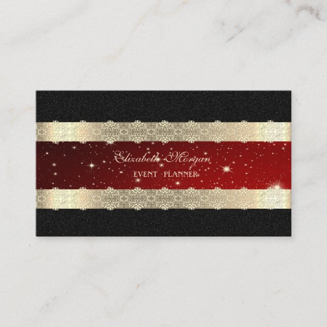 Tarjeta De Visita Elegante Rojo De Lujo, Banda De Oro,Lace,Negro (Anverso)