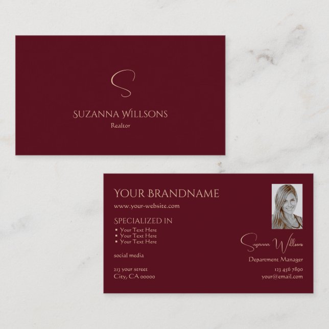 Tarjeta De Visita Elegante rojo de vino sin tapujos con monograma y  (Anverso / Reverso)