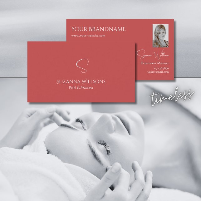Tarjeta De Visita Elegante rojo indio liso con monograma y foto (Subido por el creador)