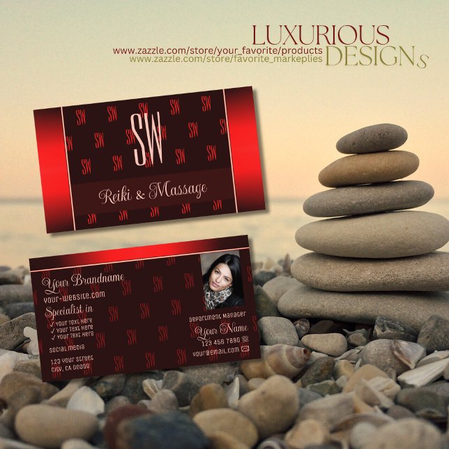 Tarjeta De Visita Elegante rojo oscuro con foto y patrón de monogram (Subido por el creador)