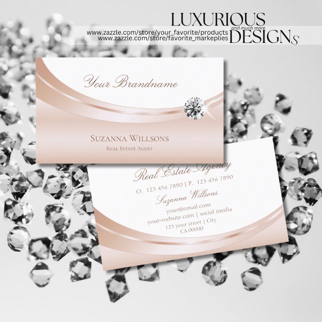 Tarjeta De Visita Elegante Rosa blanco dorado con brillantes diamant (Subido por el creador)