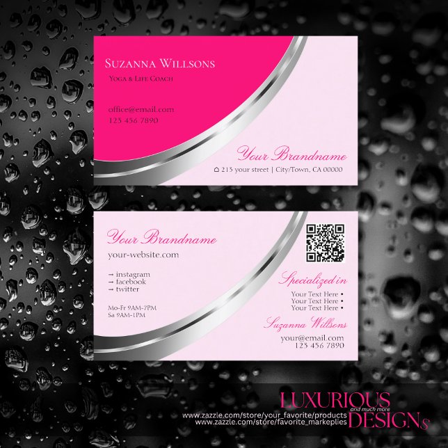 Tarjeta De Visita Elegante rosa con decoración plateada y moderno co (Subido por el creador)