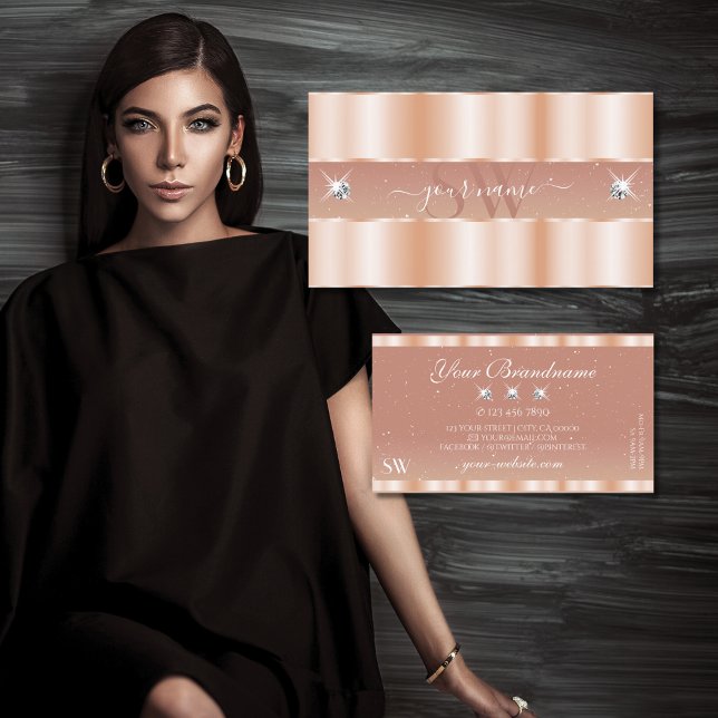 Tarjeta De Visita Elegante Rosa Coral Sparkle Jewels Monograma Elega (Subido por el creador)