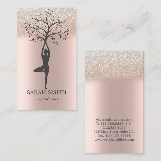 Tarjeta De Visita Elegante Rosa Cute Diamantes de Oro Yoga Business (Anverso / Reverso)