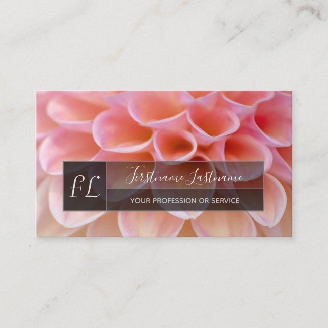 Tarjeta De Visita Elegante rosa dahlia flor rectángulo gris monogram (Anverso)