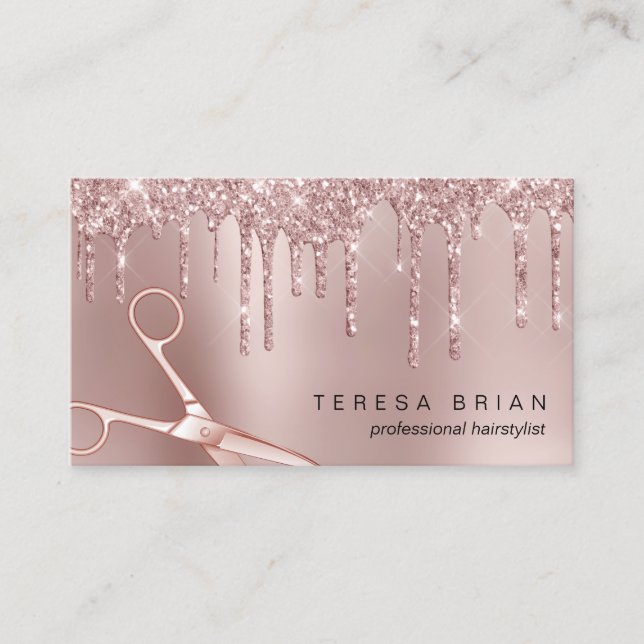Tarjeta De Visita Elegante rosa de cobre purpurina dorado gotea pein (Anverso)