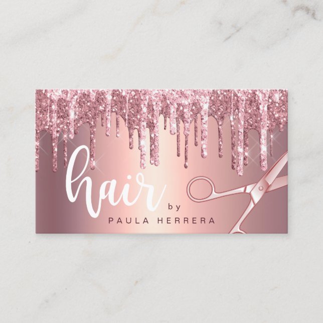 Tarjeta De Visita Elegante rosa de cobre purpurina dorado gotea pein (Anverso)