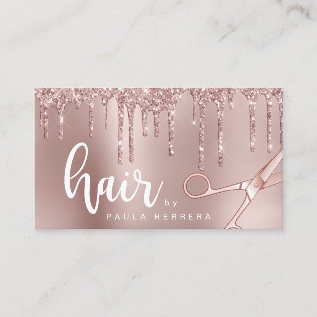 Tarjeta De Visita Elegante rosa de cobre purpurina dorado gotea pein (Anverso)