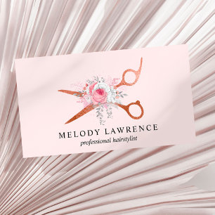 Tarjeta De Visita Elegante rosa de cobre tijeras de oro peinado