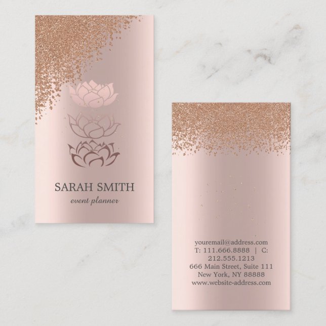 Tarjeta De Visita Elegante Rosa de oro Diamantes Lotus Business (Anverso / Reverso)