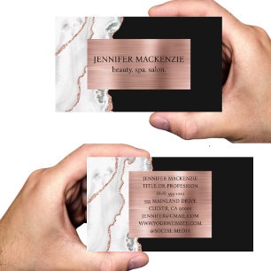 Tarjeta De Visita Elegante Rosa de Oro Negro y Blanco Agate Luxe