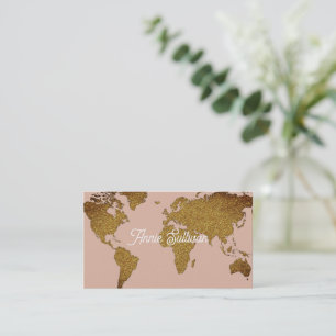 Tarjeta De Visita Elegante Rosa del Mapa Mundial de Faux Gold