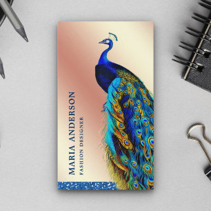 Tarjeta De Visita Elegante Rosa Dorado Hoja Azul Pavo Real Indio