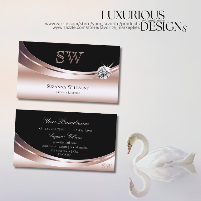Tarjeta De Visita Elegante Rosa dorado negro con monograma y diamant (Subido por el creador)