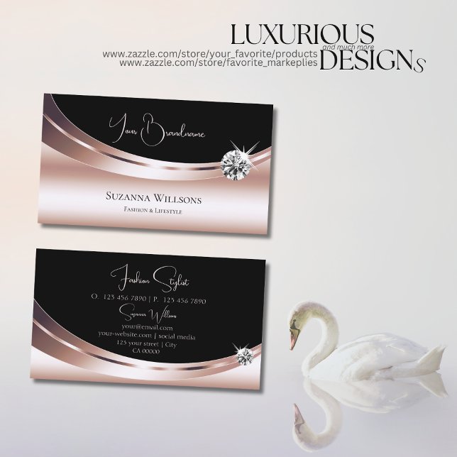 Tarjeta De Visita Elegante Rosa dorado y negro con brillantes diaman (Subido por el creador)
