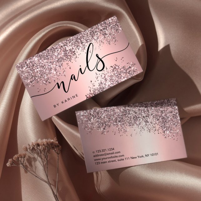 Tarjeta De Visita Elegante rosa elegante purpurina dorado clavos met (Subido por el creador)