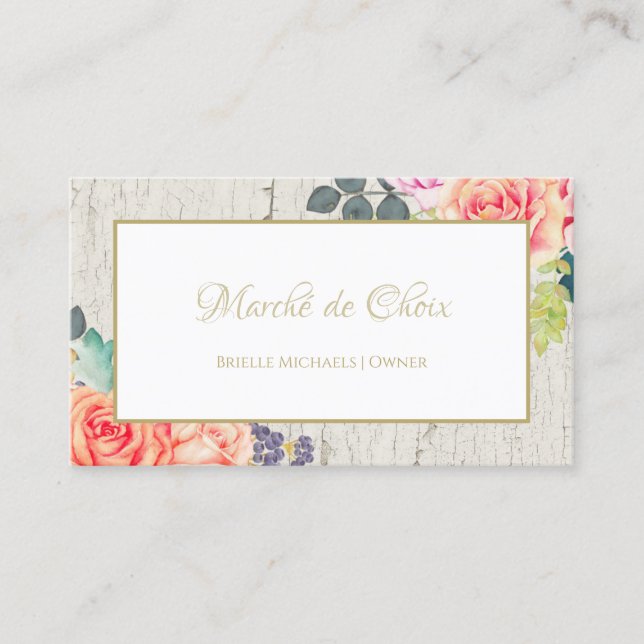 Tarjeta De Visita Elegante Rosa Floral Crackeado Paint Rustic Boutiq (Anverso)