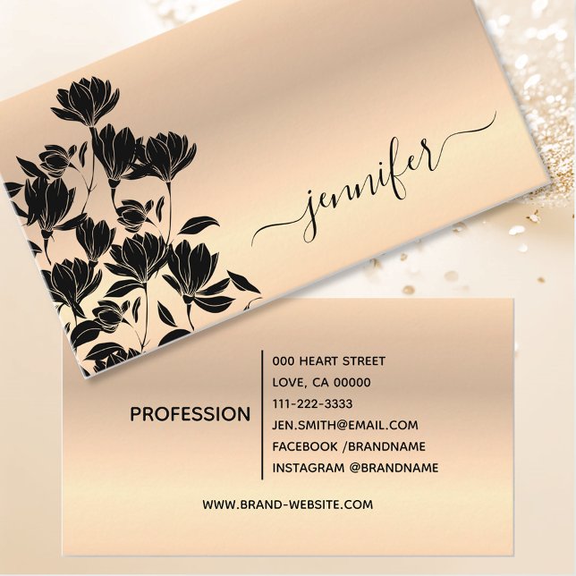 Tarjeta De Visita Elegante Rosa floral moderno oro flor negro suave (Subido por el creador)