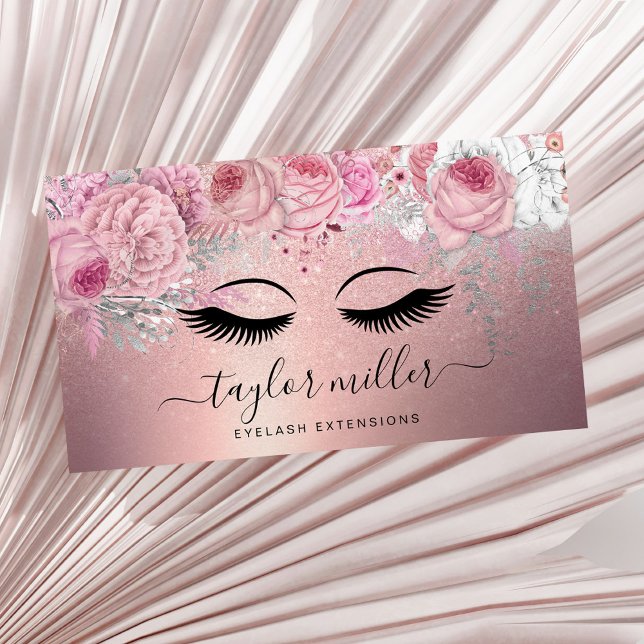 Tarjeta De Visita Elegante rosa floral moderno purpurina pestañas do (Subido por el creador)