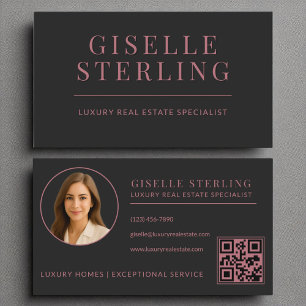 Tarjeta De Visita Elegante Rosa Gold Black Inmobiliate Agent QR Code