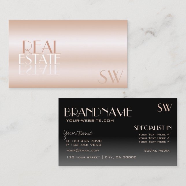 Tarjeta De Visita Elegante Rosa Gold Black Mirror Font con Monograma (Anverso / Reverso)