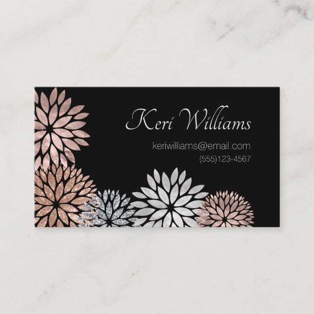 Tarjeta De Visita Elegante Rosa Gold Dahlia Purpurina Floral Relieve (Anverso)