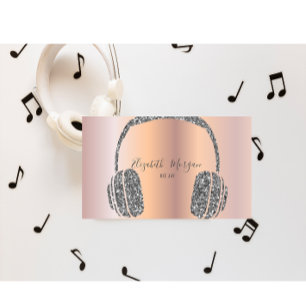 Tarjeta De Visita Elegante Rosa Gold Silver Purpurina Auriculares DJ