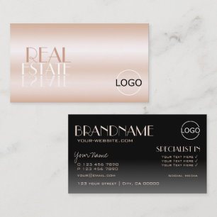 Tarjeta De Visita Elegante Rosa Gold y Black Mirror Font con logotip