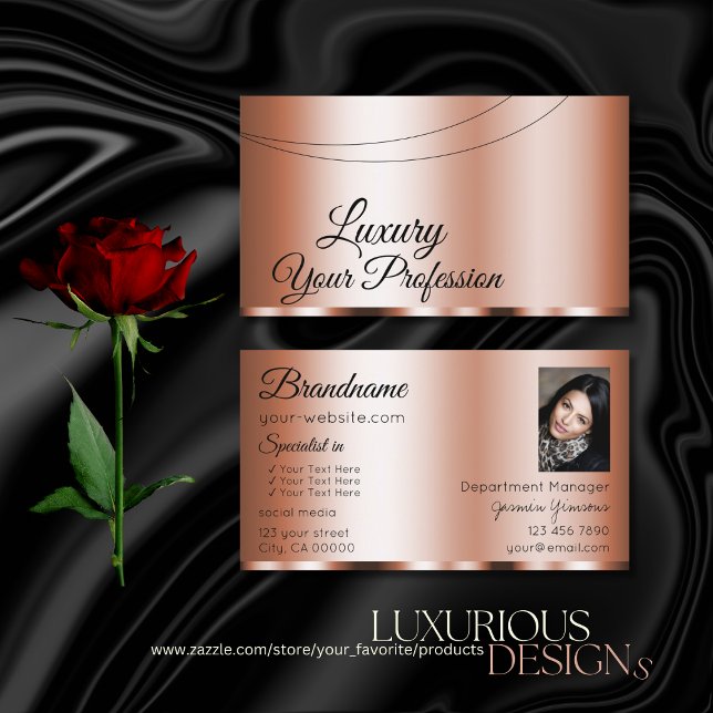 Tarjeta De Visita Elegante Rosa Golden Glamorous con foto moderna (Subido por el creador)