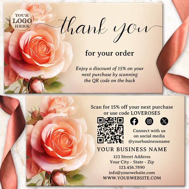 Tarjeta De Visita Elegante Rosa Gracias Por Su Pedido (Thank you for your order business card featuring a painting of a beautiful rose - with QR code)