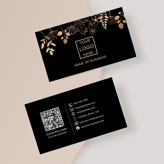 Tarjeta De Visita Elegante Rosa Leaf Gold Código QR Iconos de medios (Subido por el creador)