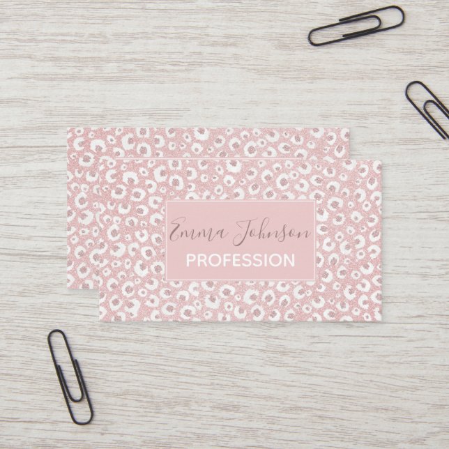 Tarjeta De Visita Elegante Rosa Leopardo dorado Imprimir patrón blan (Anverso/Reverso In Situ)