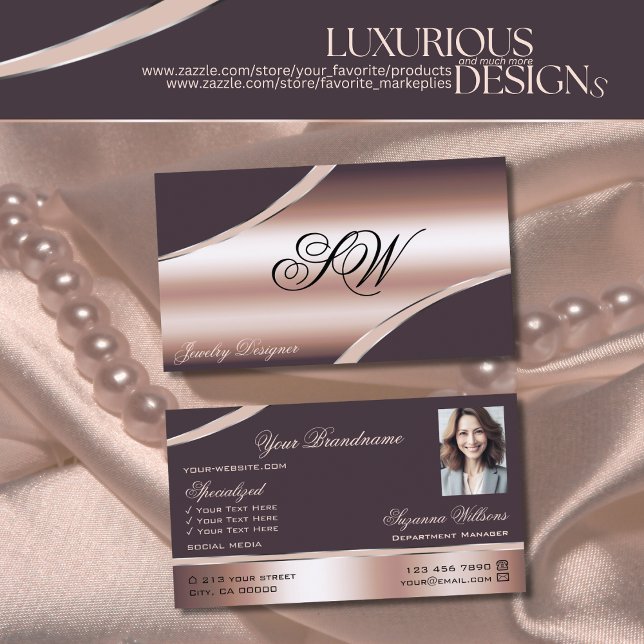 Tarjeta De Visita Elegante Rosa Líneas Curvadas de Oro Monograma y F (Subido por el creador)