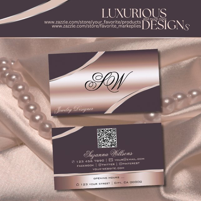 Tarjeta De Visita Elegante Rosa Líneas Curvas de Oro Monograma Códig (Subido por el creador)